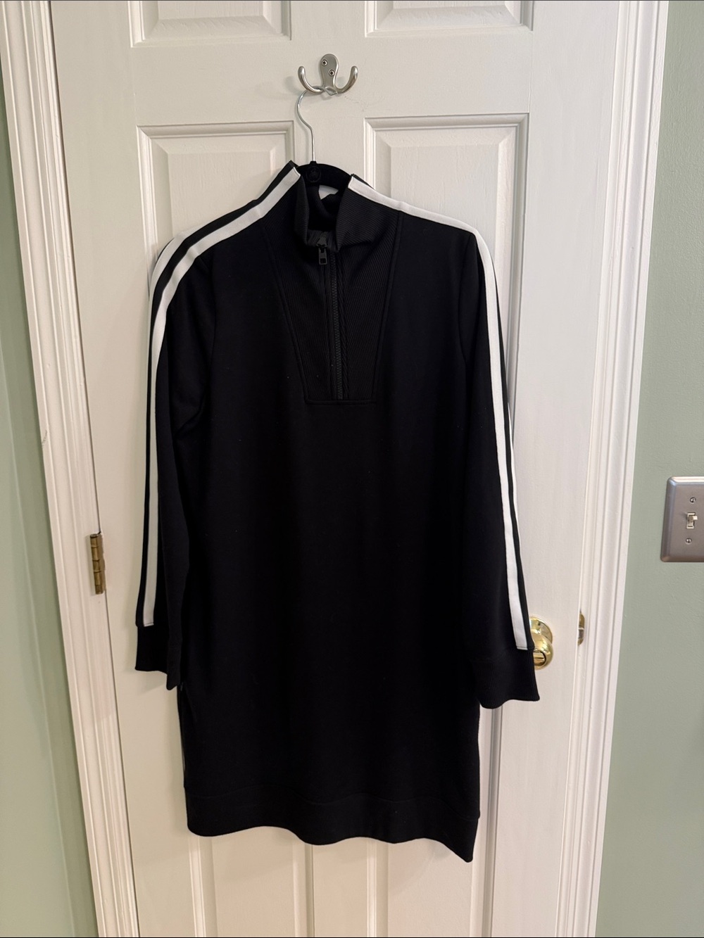 Athleta Black Long Sleeve Zip-Front Dress with White Shoulder Stripes